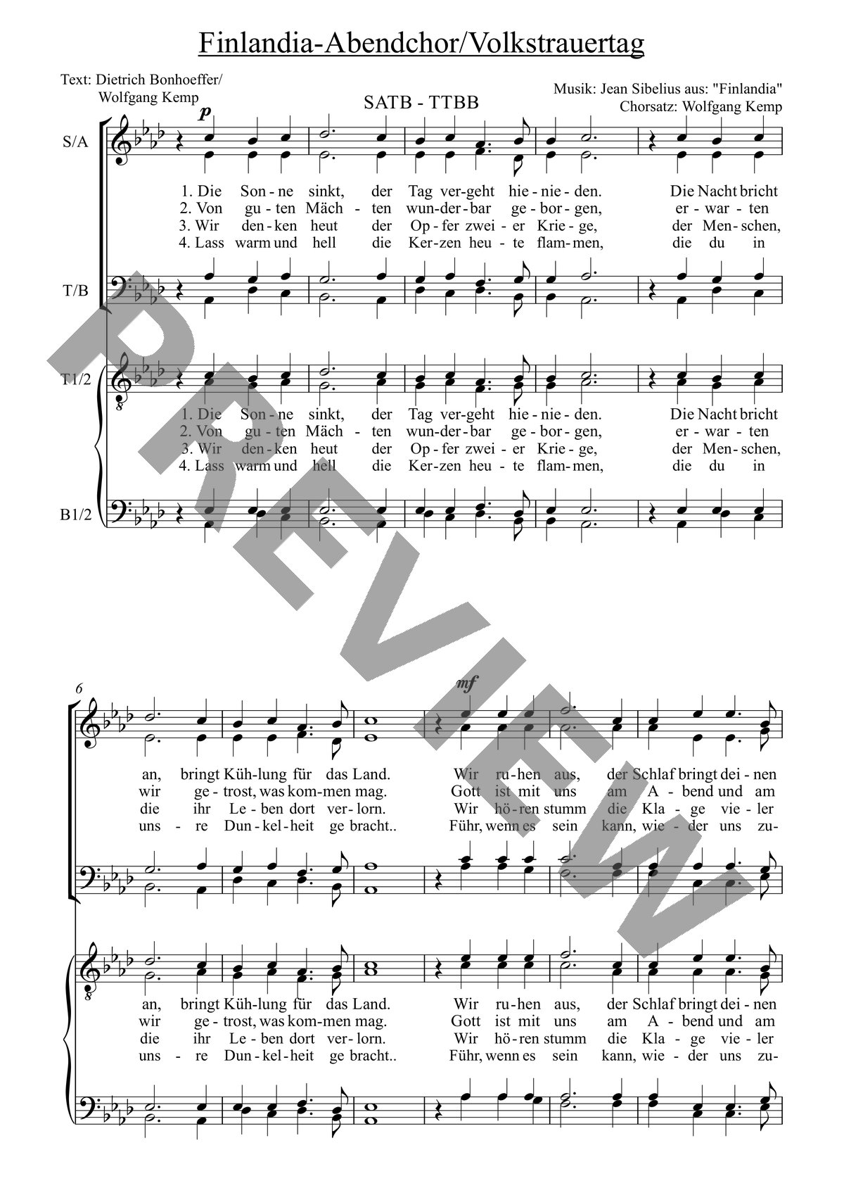 Finlandia Abendlied-Volkstrauertag, SATB-TTBB – Notenvorschau