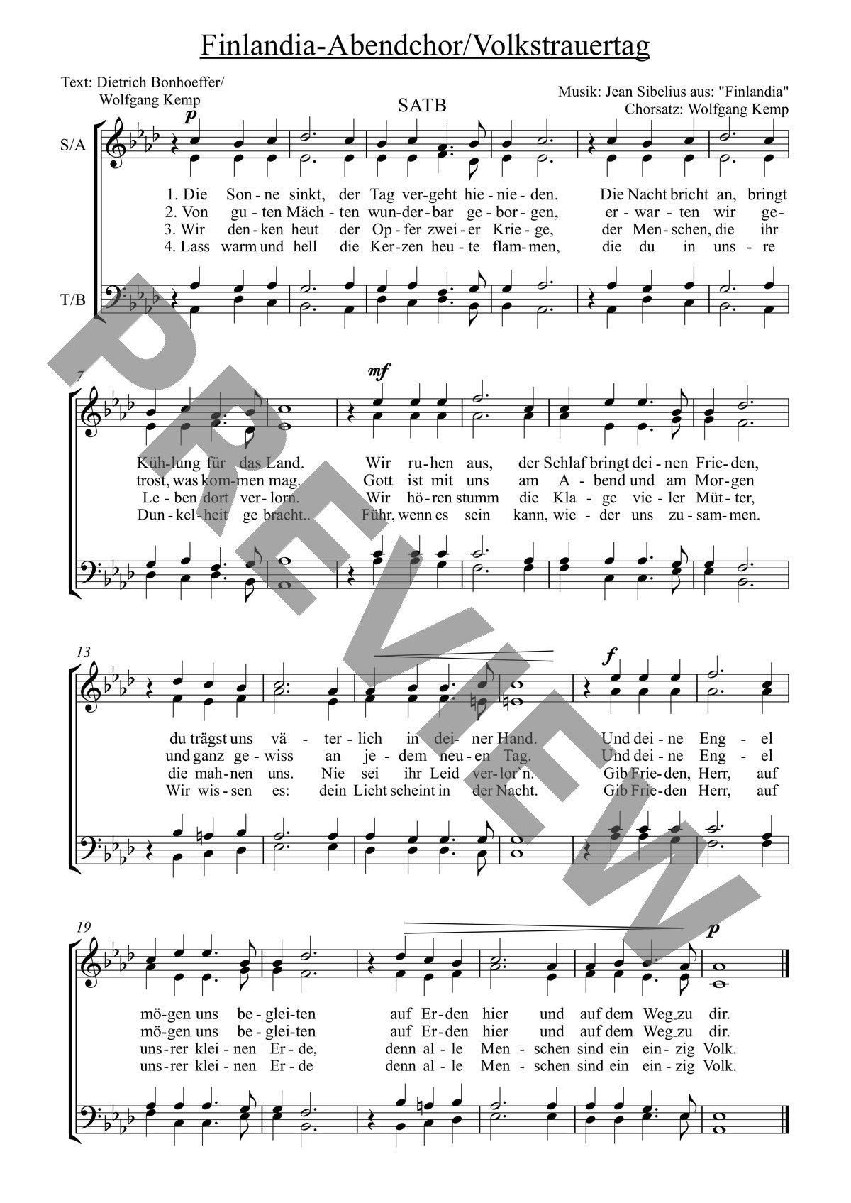 Finlandia Abendlied-Volkstrauertag, SATB – Notenvorschau